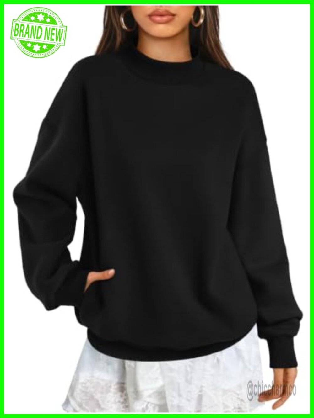 Oversized Cotton Blend Mock Neck Sweatshirt with Pockets Long Sleeve